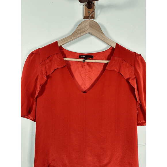 Maje Red Silk Dress Mini Sheathe Woman’s Medium EUC Holiday Chic Parisian Cherry - Picture 4 of 16